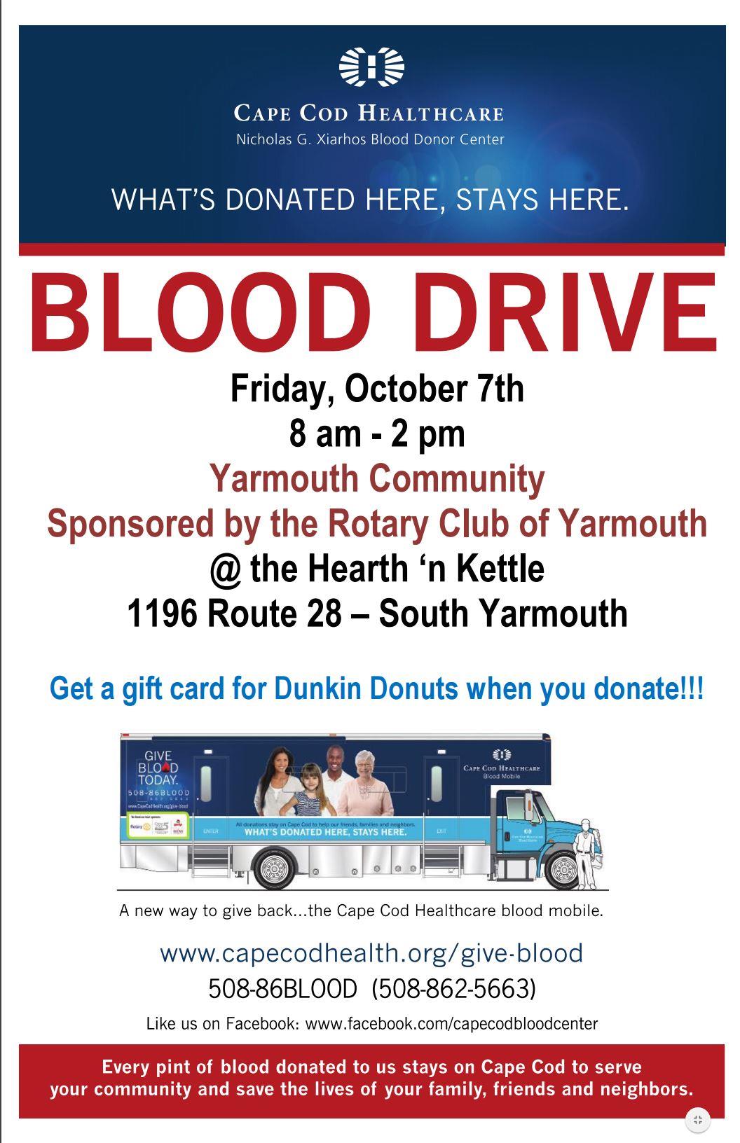 Cape Cod Bloodmobile Friday, October 7 at Hearth & Kettle Rotary