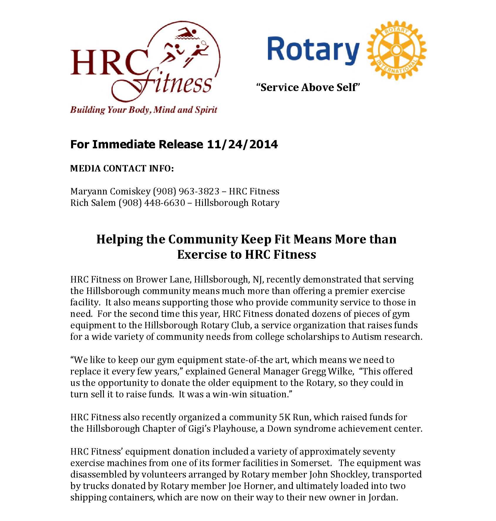 HRC Fitness of Hillsborough Equipment Donation  Rotary 
