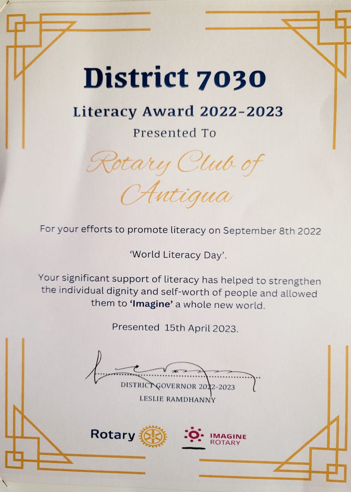 District 7030 Literacy Award 2022-2023 