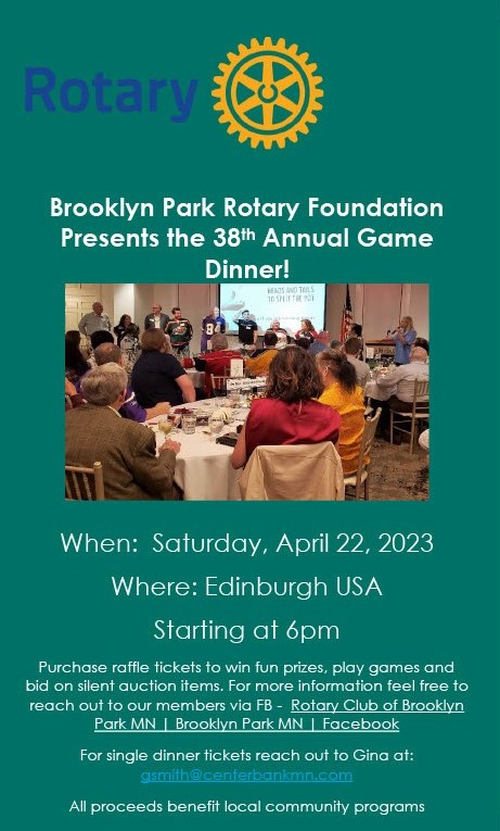 A flyer depicting the date and time of the game dinner. The game dinner is being held on Saturday, April 22, 2023, at Edinburgh, USA, beginning at 6 PM. It says, 
