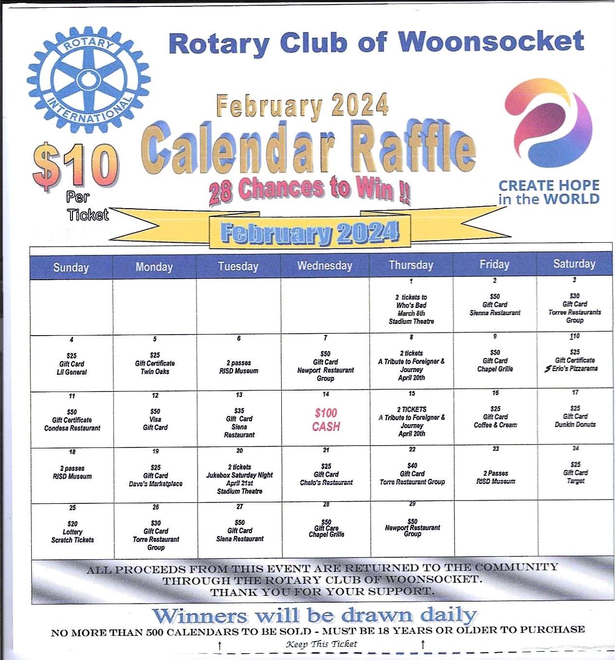 2024 Lottery Calendars are Now Available! Rotary Club of Woonsocket