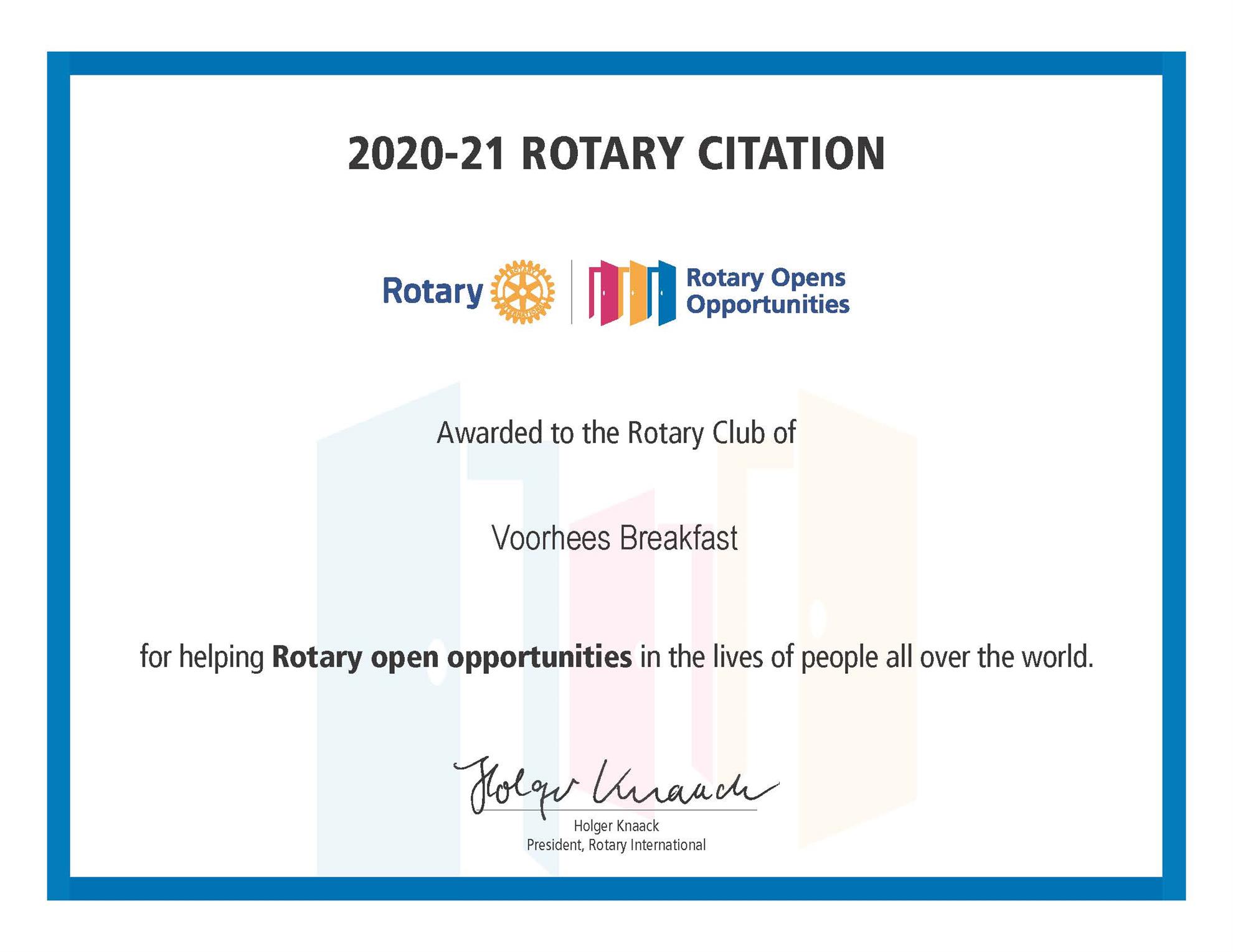 2020-21 Rotary International citation