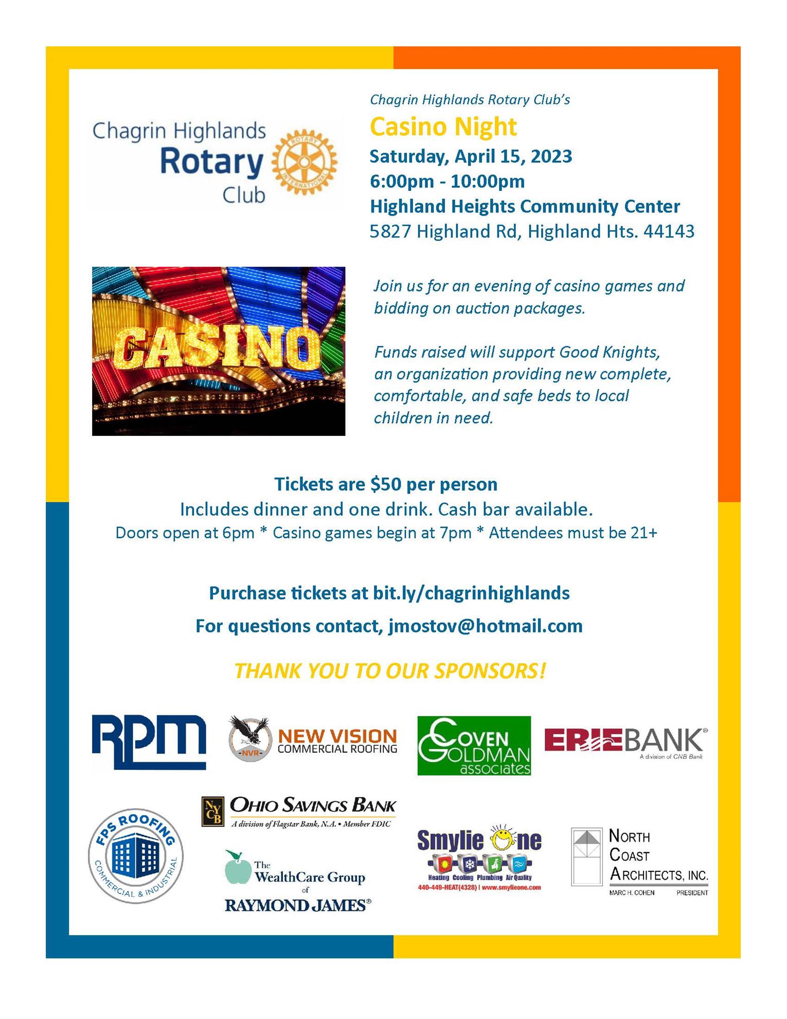 Casino Night Fundraiser Flyer April 15, 2023