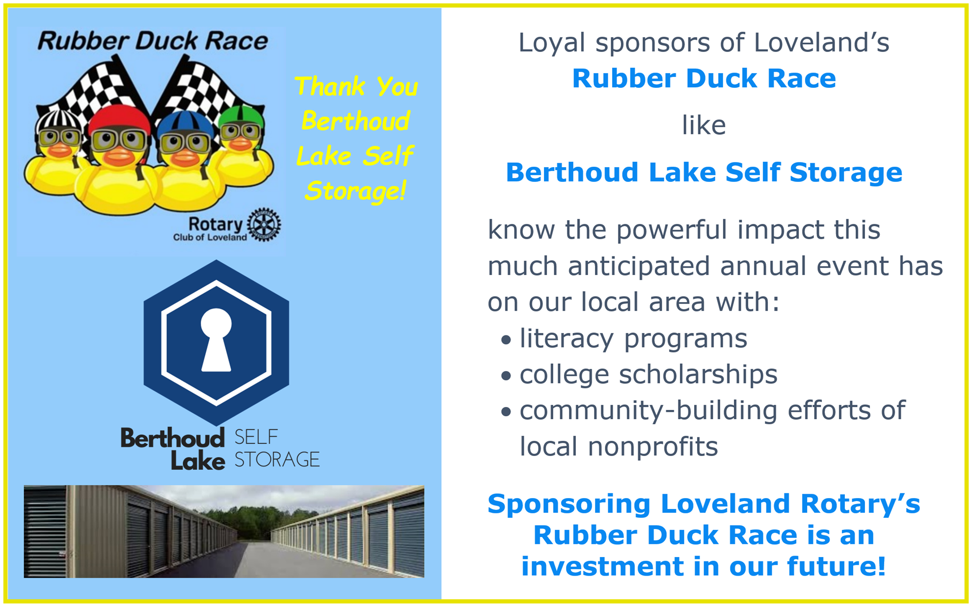Duck Race Sponsor - Berthoud Lake Self Storage - company website