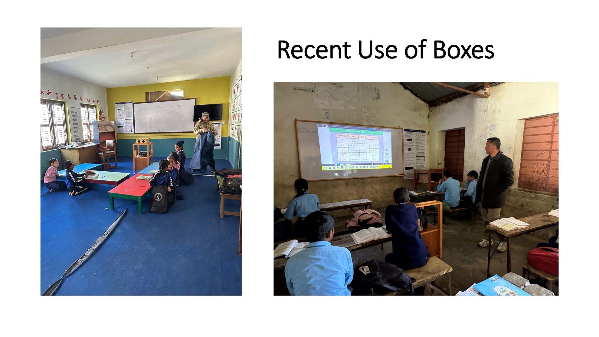 Images of Looma boxes in Nepali classrooms with teachers and students