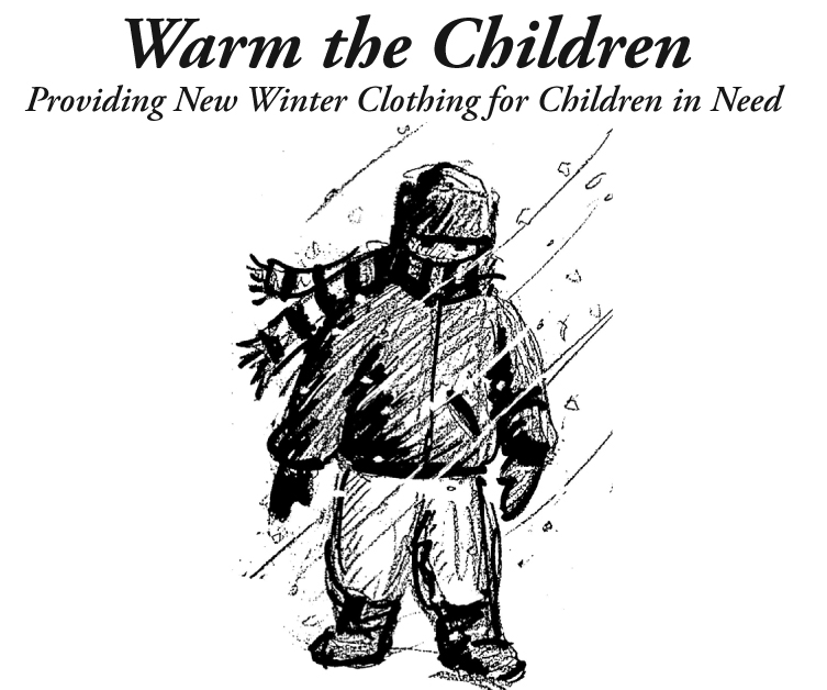 warm the children logo with a child in winter clothing out in the snow