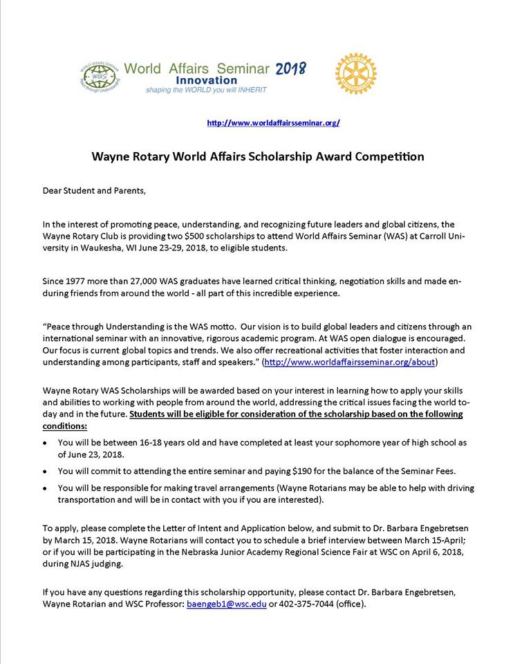 WORLD AFFAIRS SCHOLARSHIP APPLICATION AVAILABLE | Rotary Club of Wayne