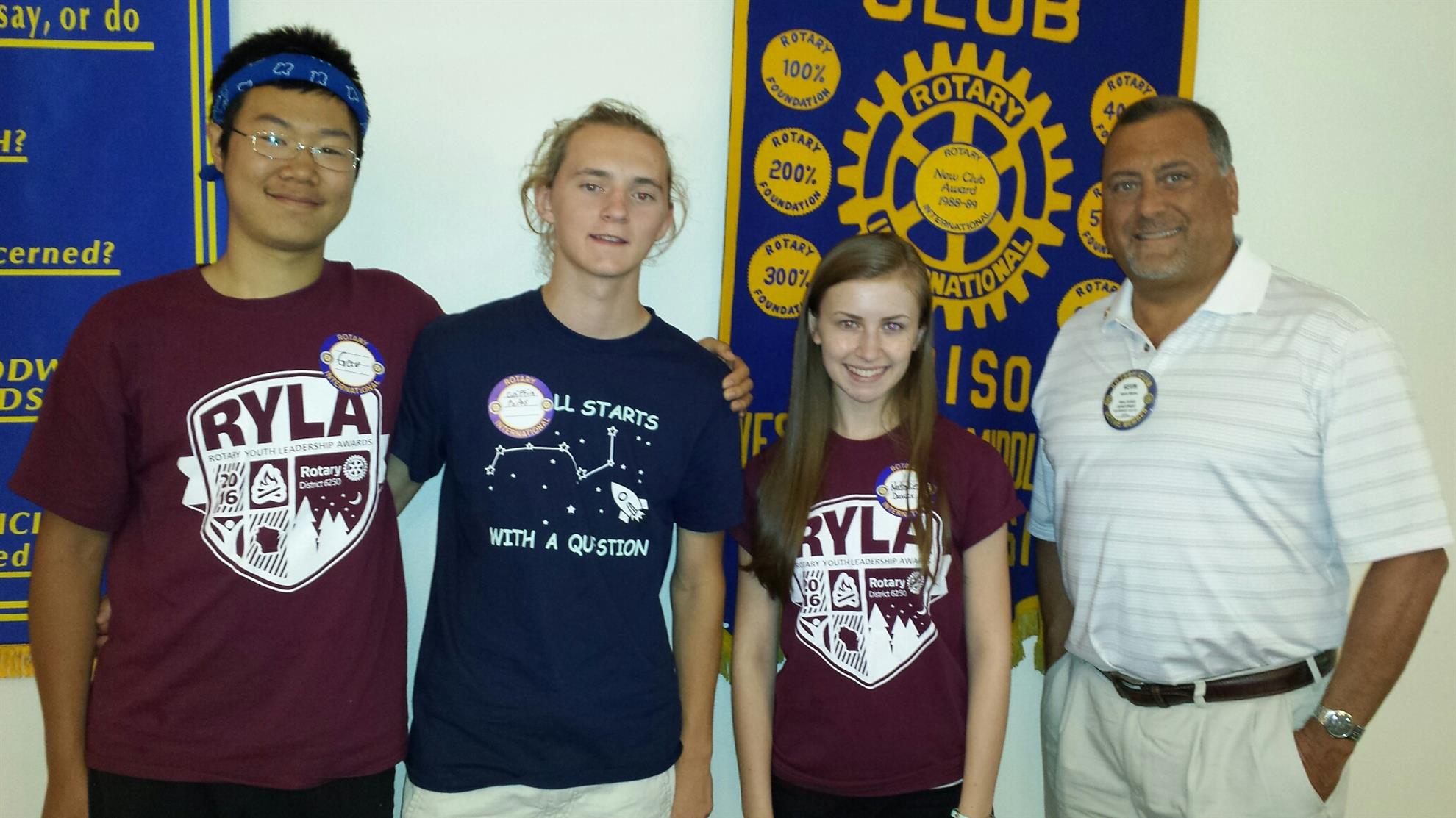 Left to right Youhe Gao, Griffin Parks, Natalie Davies --- and Kevin Welton of M-WTM Rotary Club RYLA Coordinator