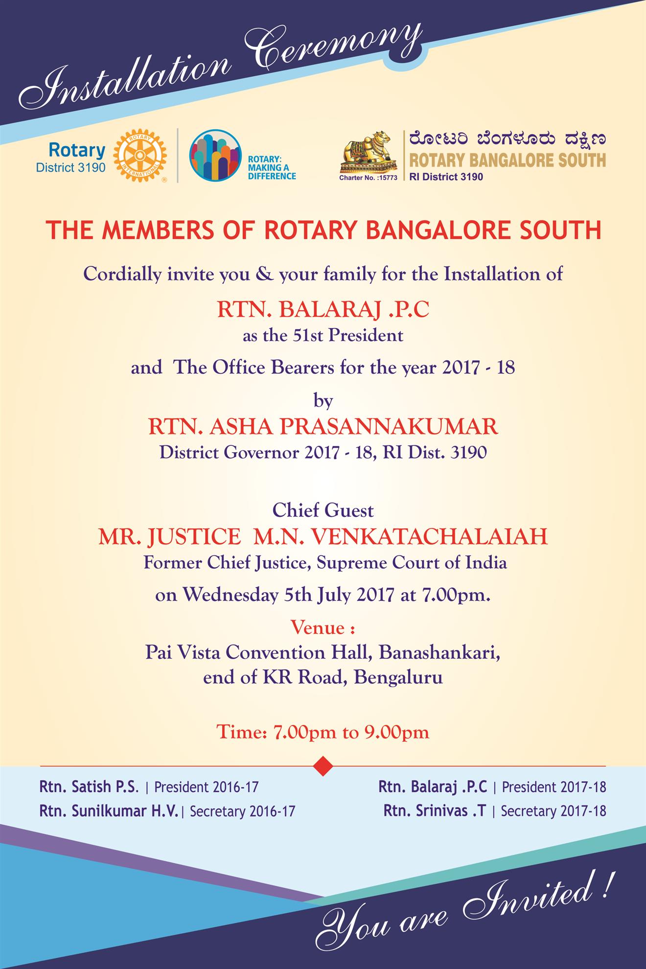 Installation Ceremony 201718 Rotary Club of Bangalore South