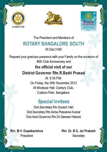 Invitation for Governor official Visit - Rotary Bangalore ...