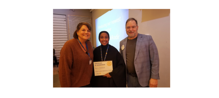 Membership Chair Annette and Sponsor John join new member Marwa are her induction. Welcome Marwa!