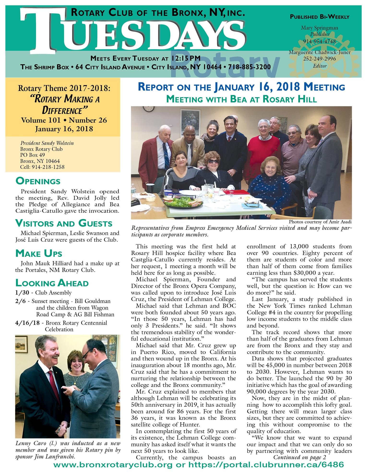 Tuesdays Newsletter 1/16 & 1/23/18 p1
