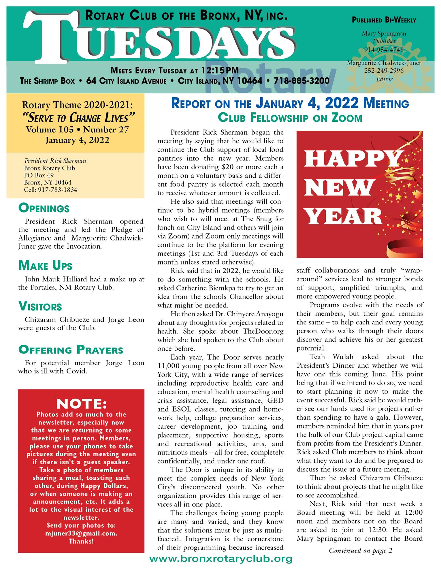 Tuesdays newsletter 1/4, 1/11 & 1/18/2022 p1