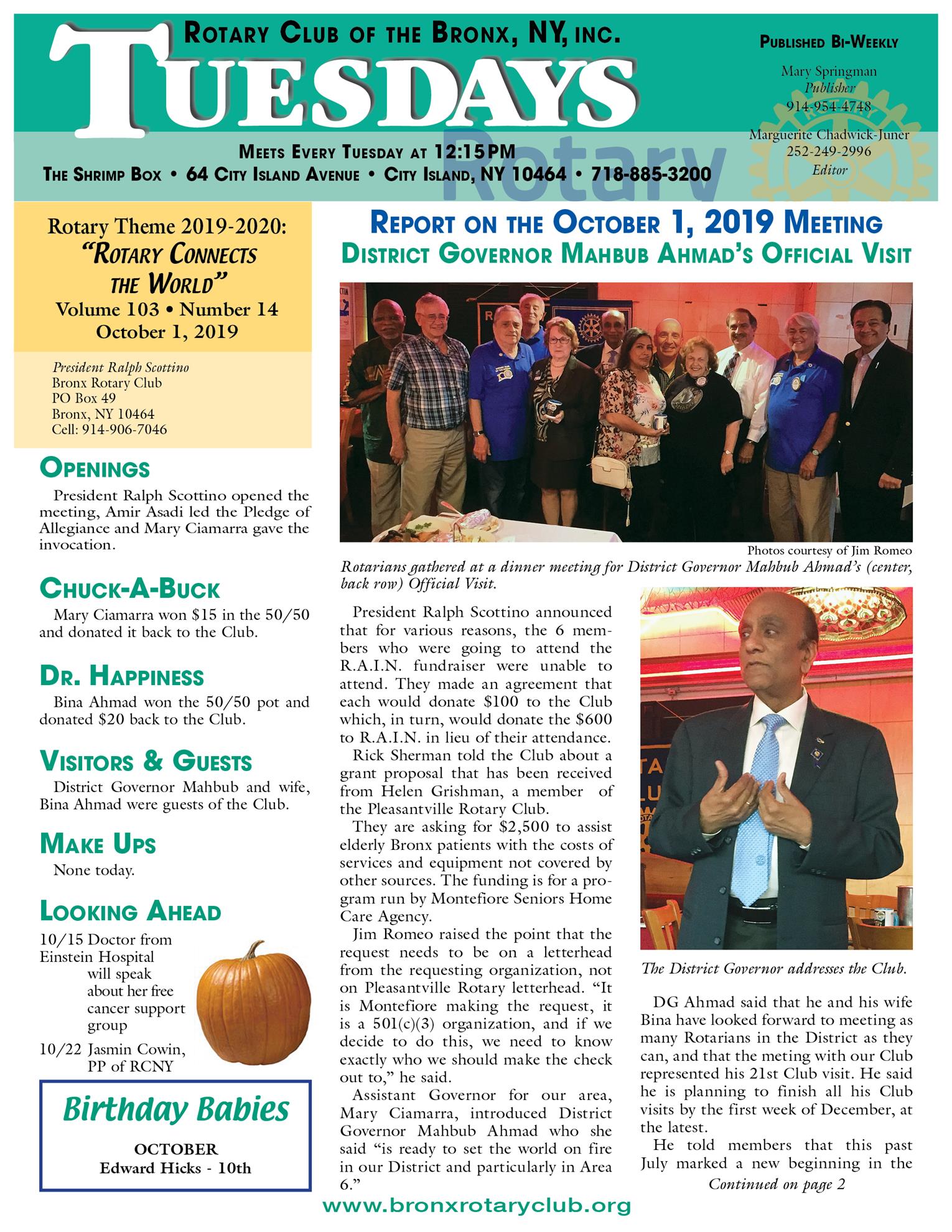Tuesdays newsletter 10/1, 10/8 & 10/15, 2019 p1