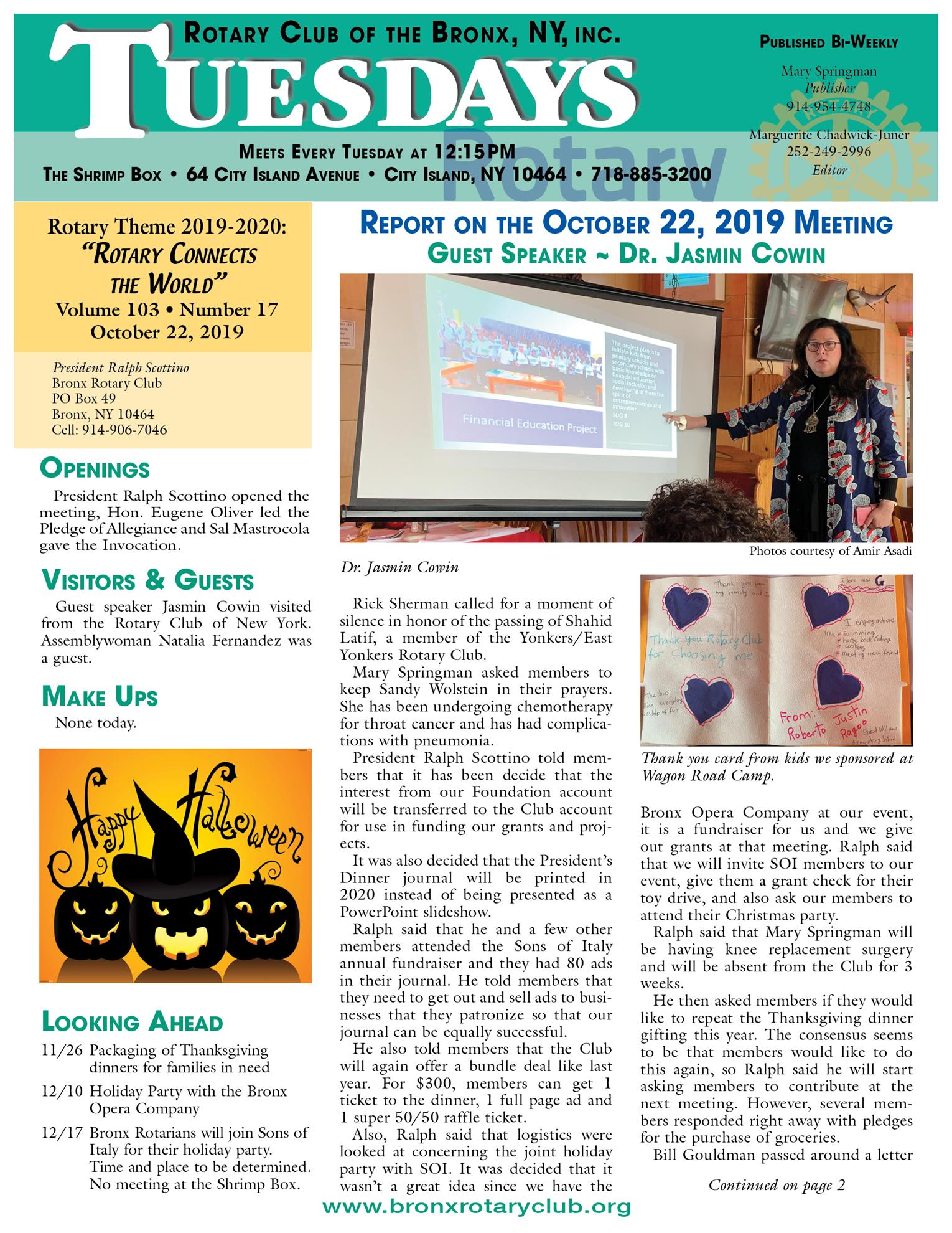 Tuesdays newsletter 10/22, 10/29 & 11/5, 2019 p1