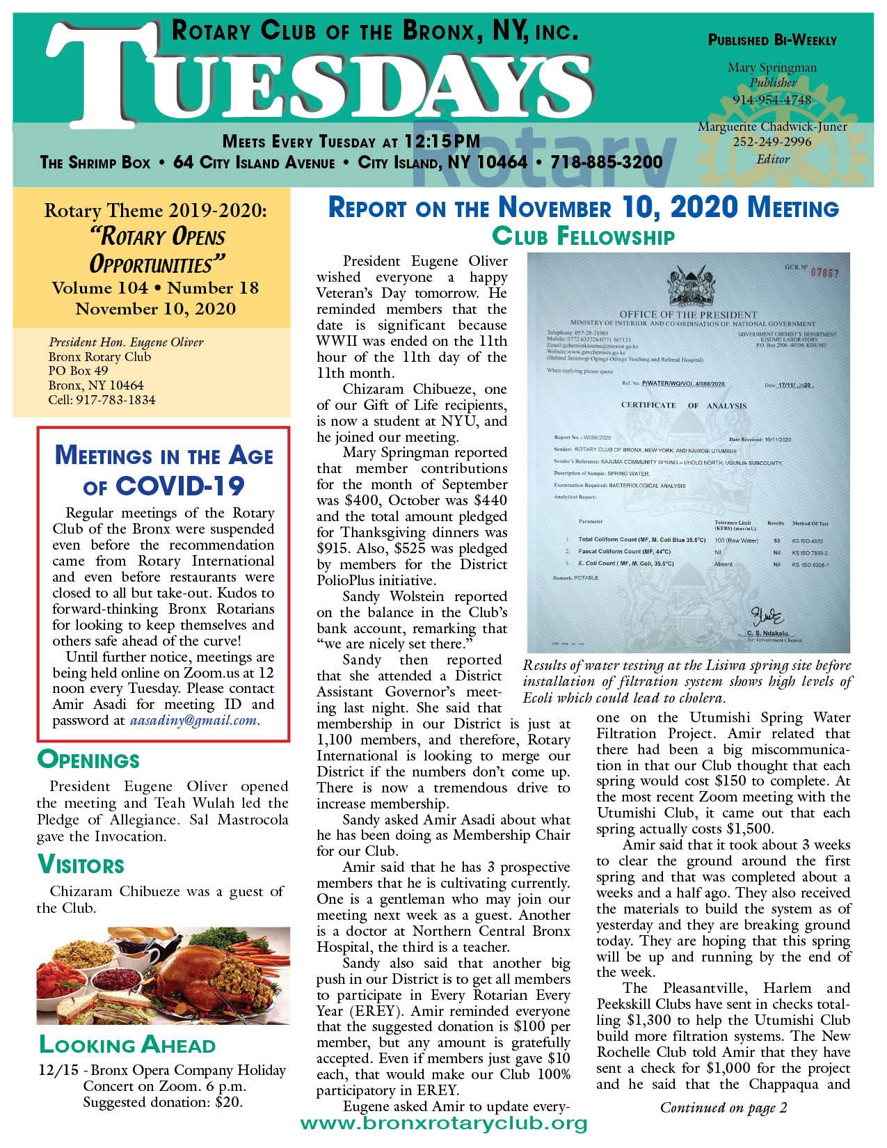 Tuesdays newsletter 11/10, 11/17 & 11/24/2020 p1