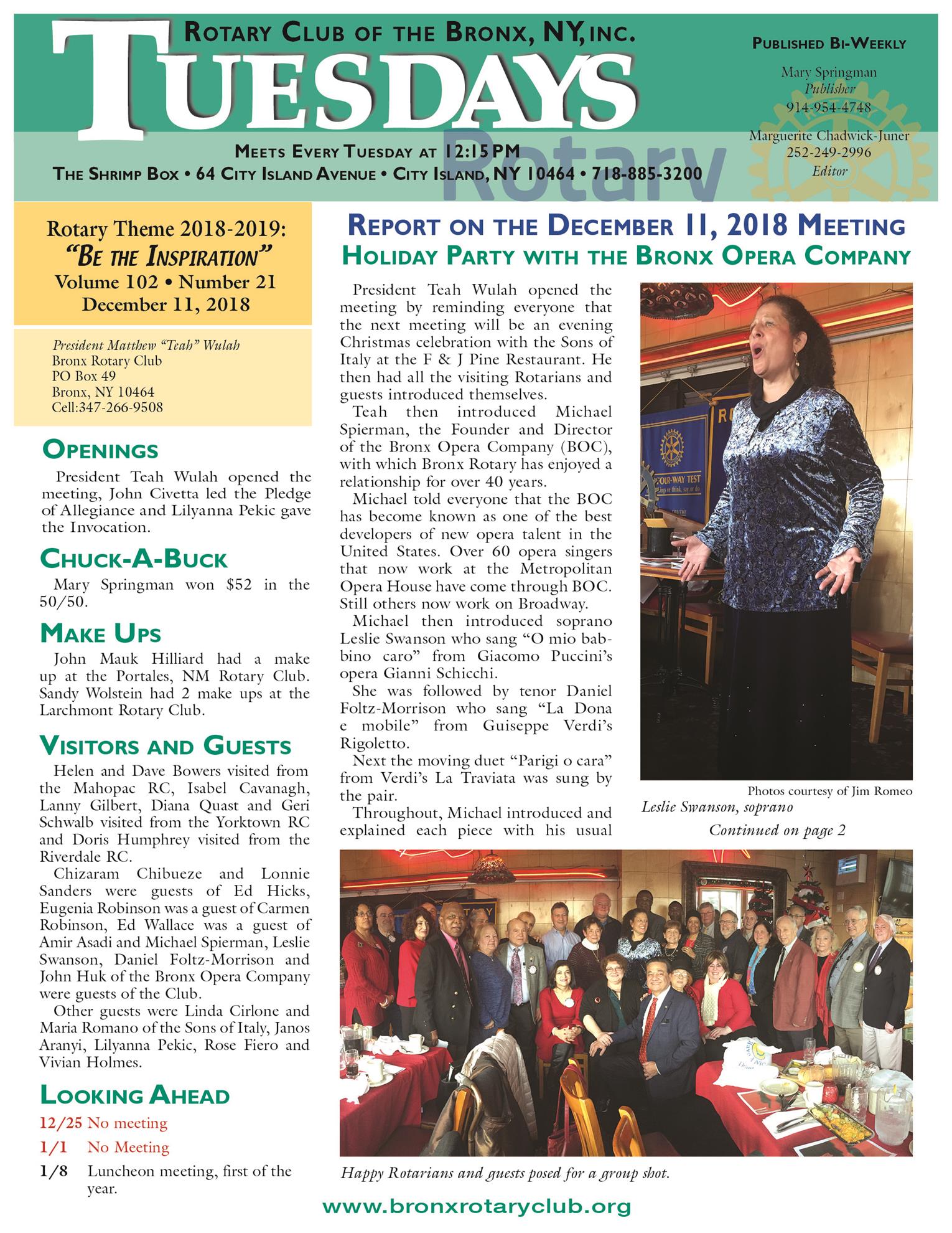 Tuesdays Newsletter 12/11 & 12/18/2018 p1