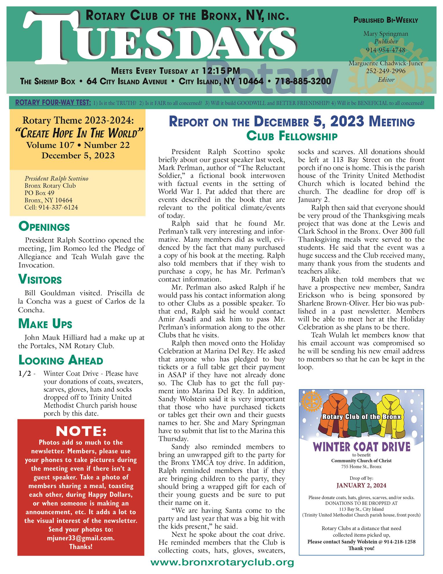 Tuesdays newsletter 12/5, 12/13 & 12/19/2023 p1