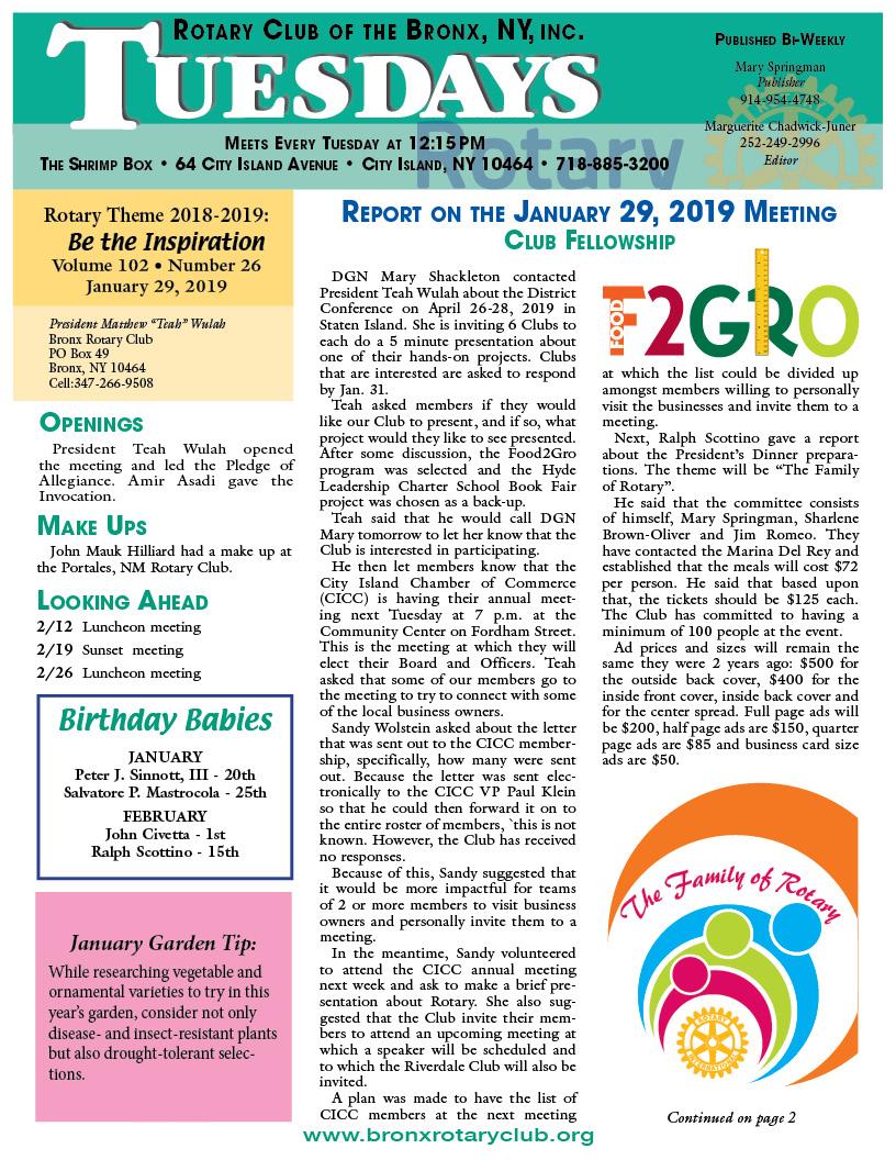 Tuesdays Newsletter 1/29-2/12, 2019 p1