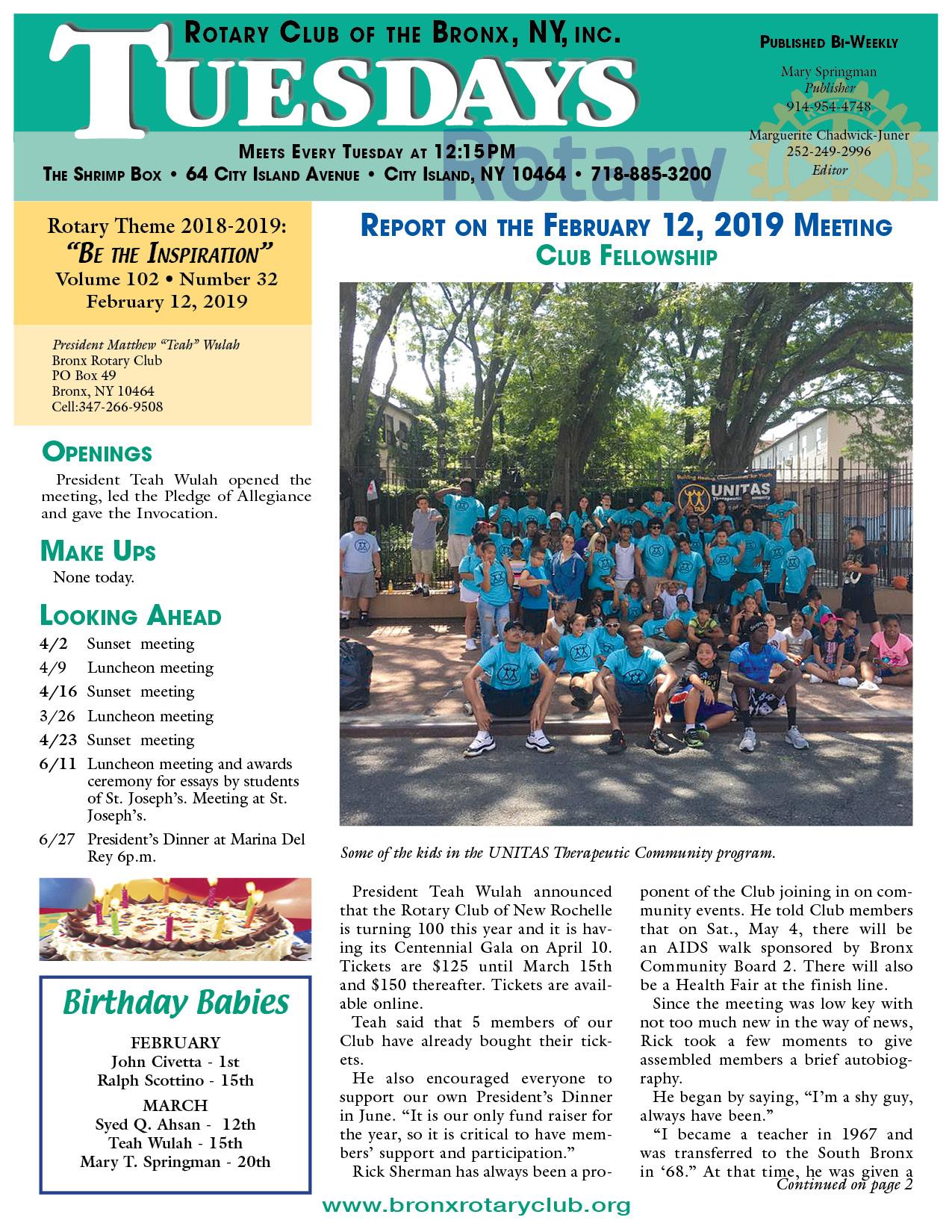 Tuesdays newsletter 3/12 & 19, 2019 p1