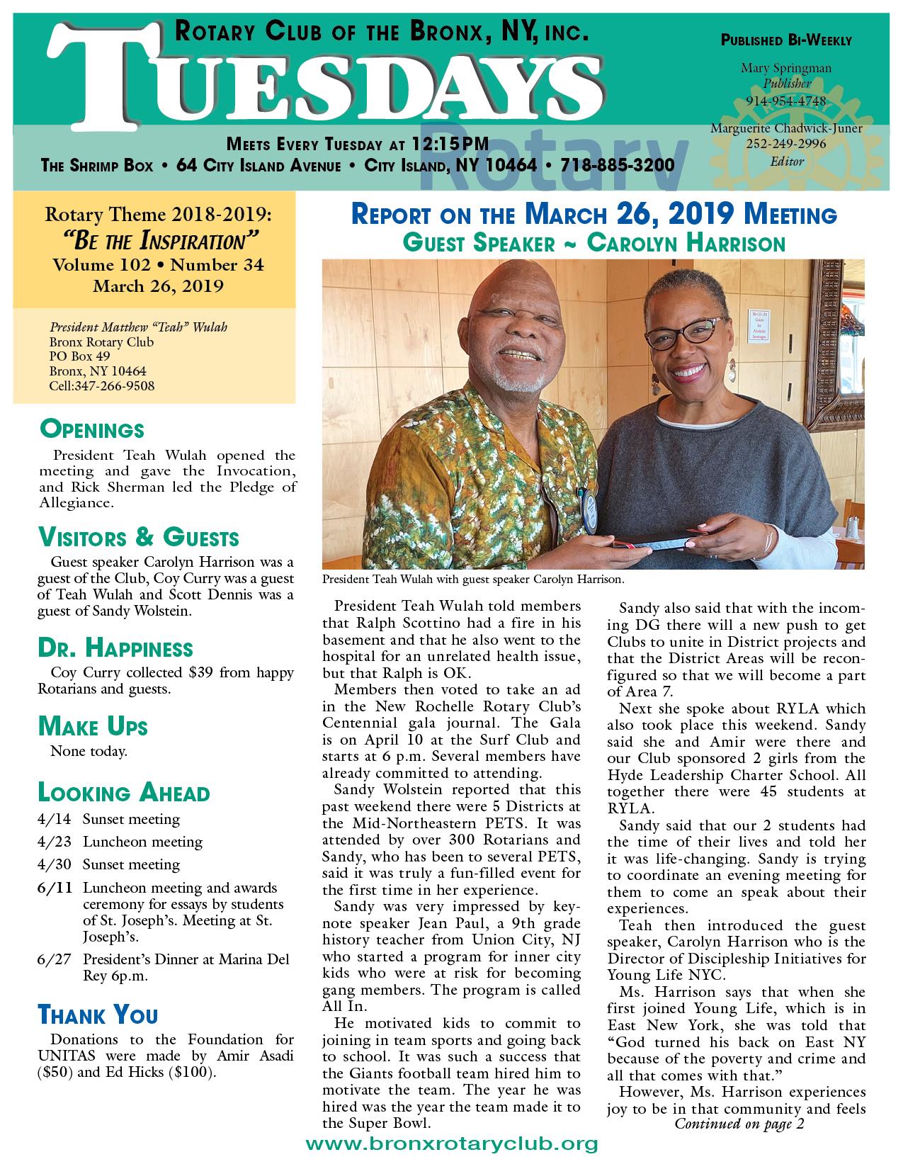 Tuesdays Newsletter 3/26 & 4/2/2019 p1