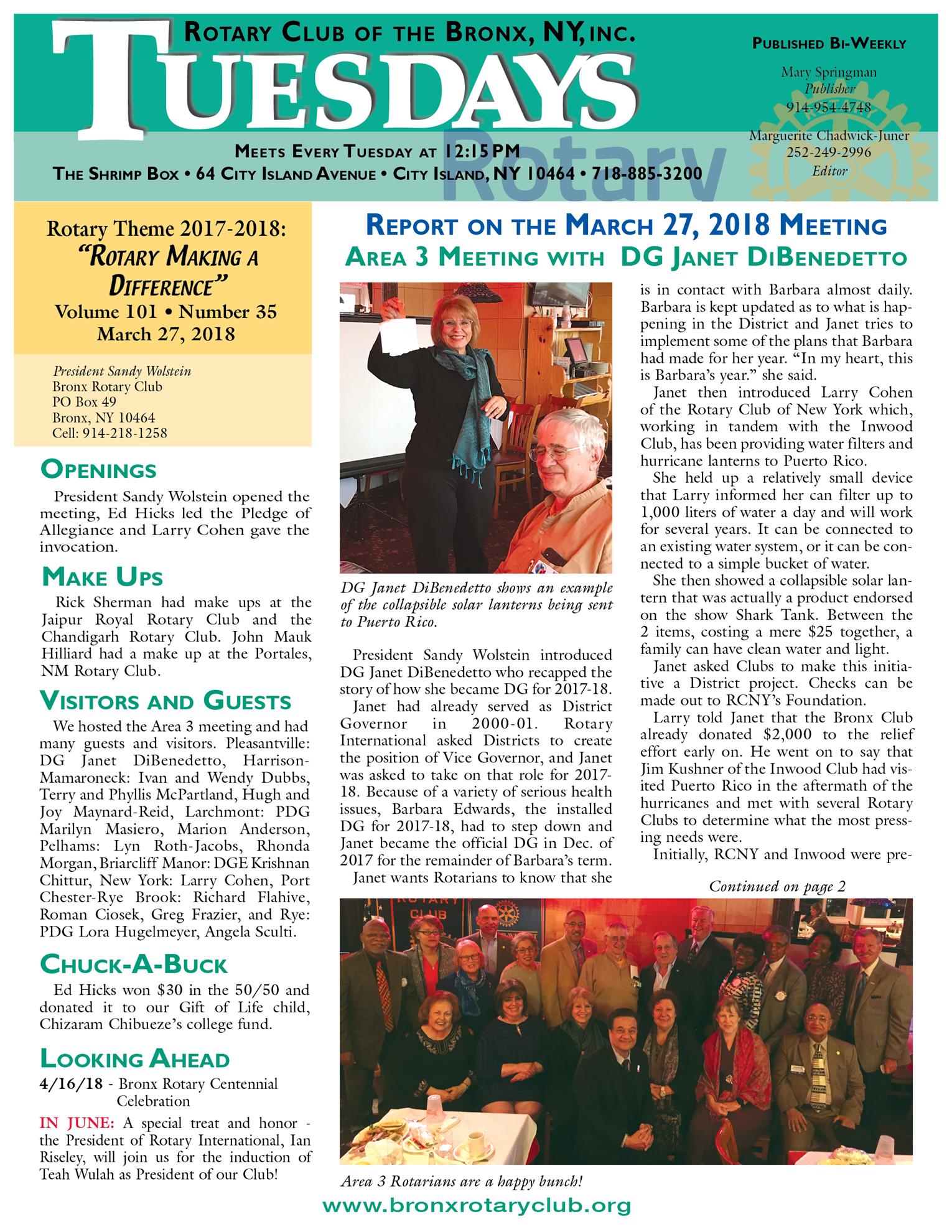 Tuesdays Newsletter 3/27, 4/3 & 4/10 2018 p1