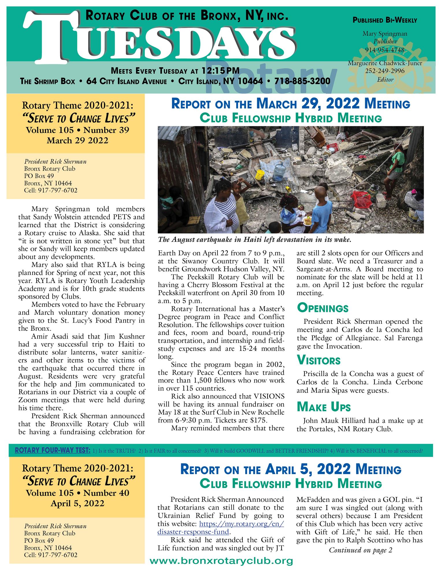 Tuesdays newsletter 3/29, 4/5, 4/19 & 4/26/2022 p1
