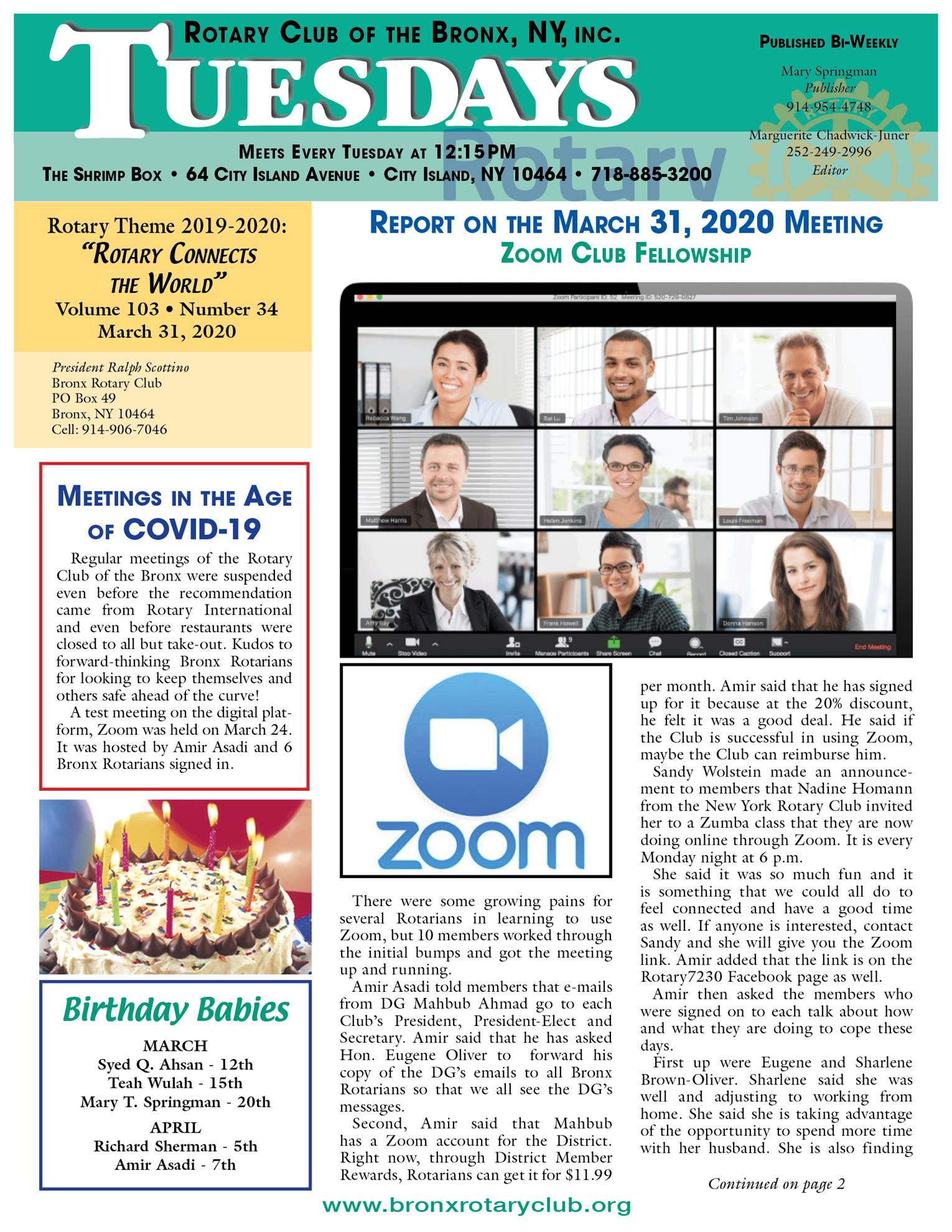 Tuesdays newsletter 3/31/ & 4/7/2020 p1