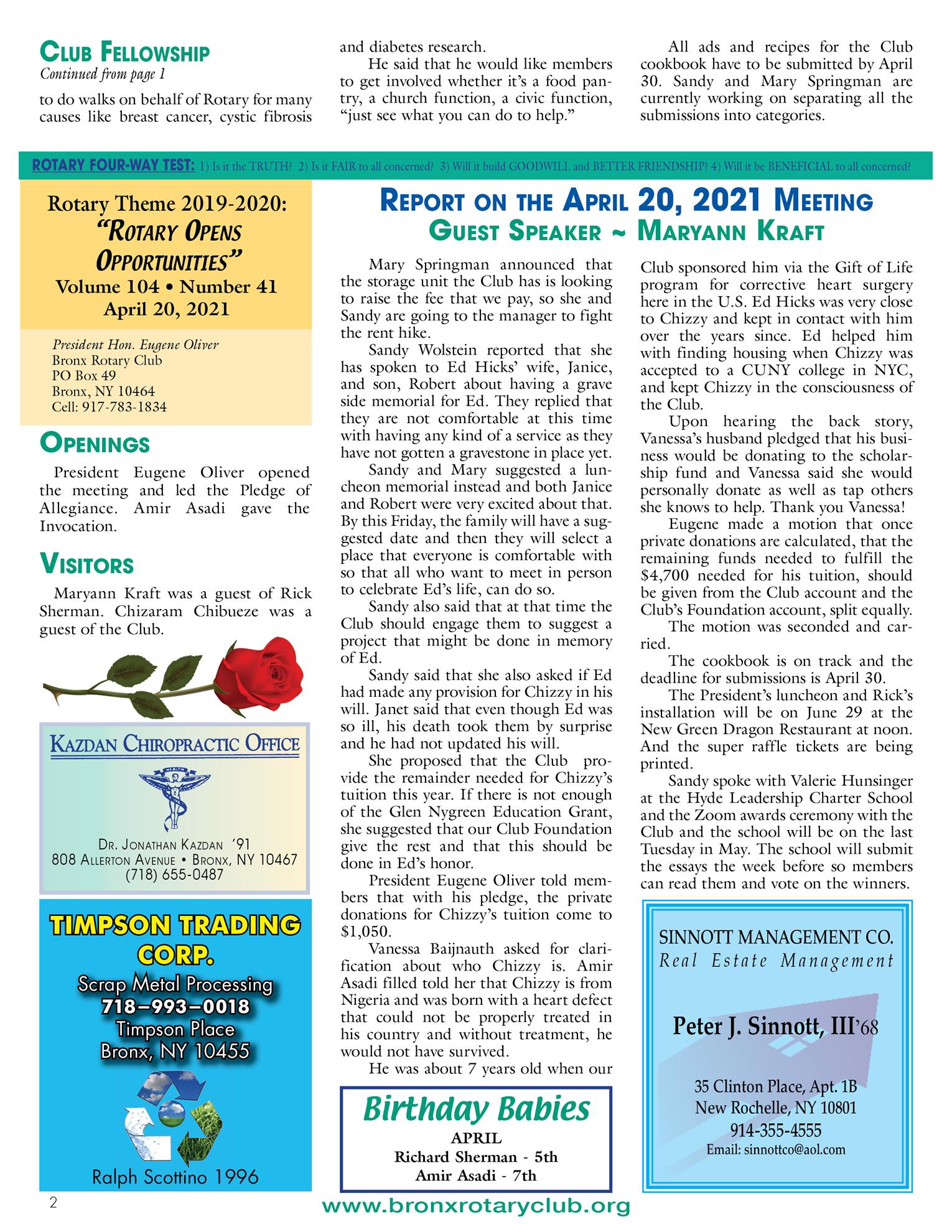 Tuesdays newsletter 4/13, 4/20 & 4/27/2021 p 2