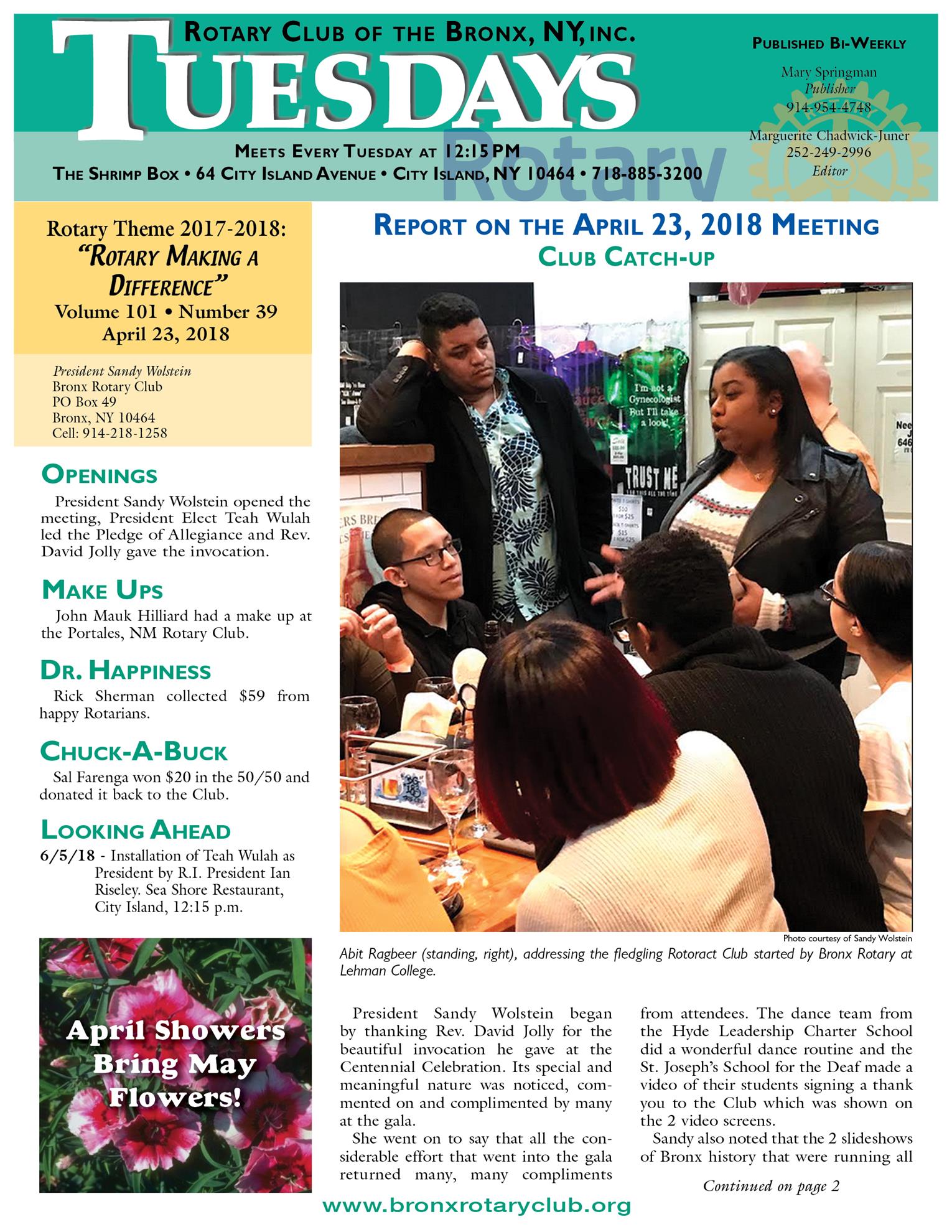 Tuesdays Newsletter 4/23 and 5/1/2018 p1