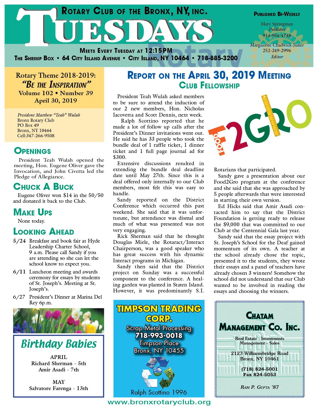 Tuesdays Newsletter 4/30, 5/7 & 5/14/2019 p1