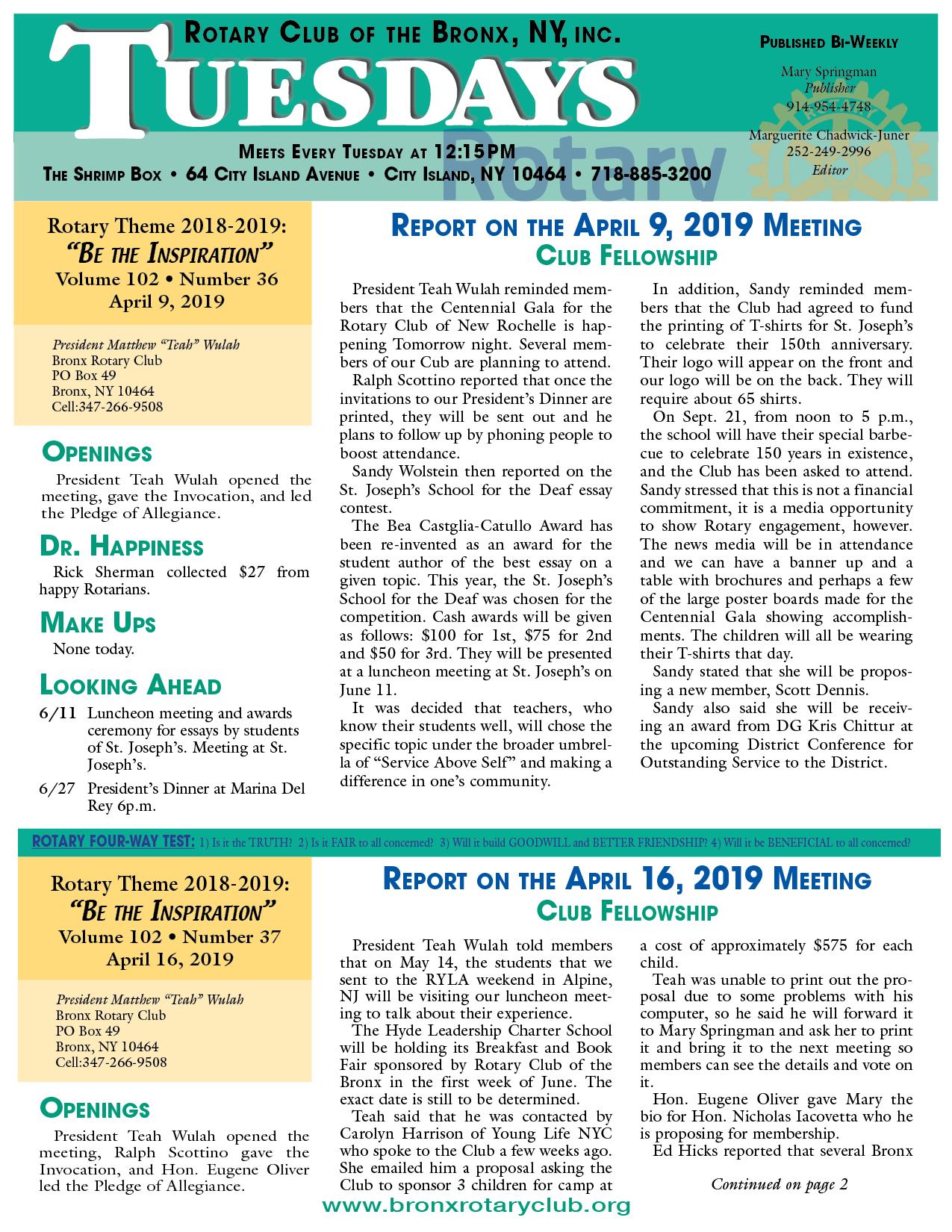 Tuesdays Newsletter 4/9, 4/16 & 4/23/2019 p1