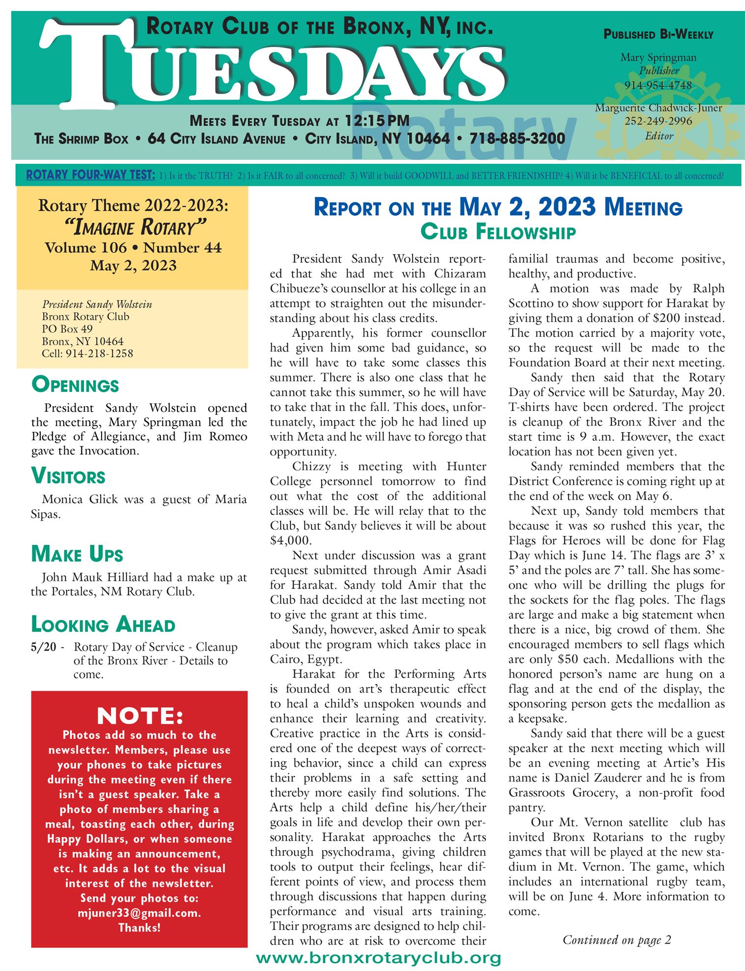 Tuesdays newsletter 5/2, 5/9/2023 p1