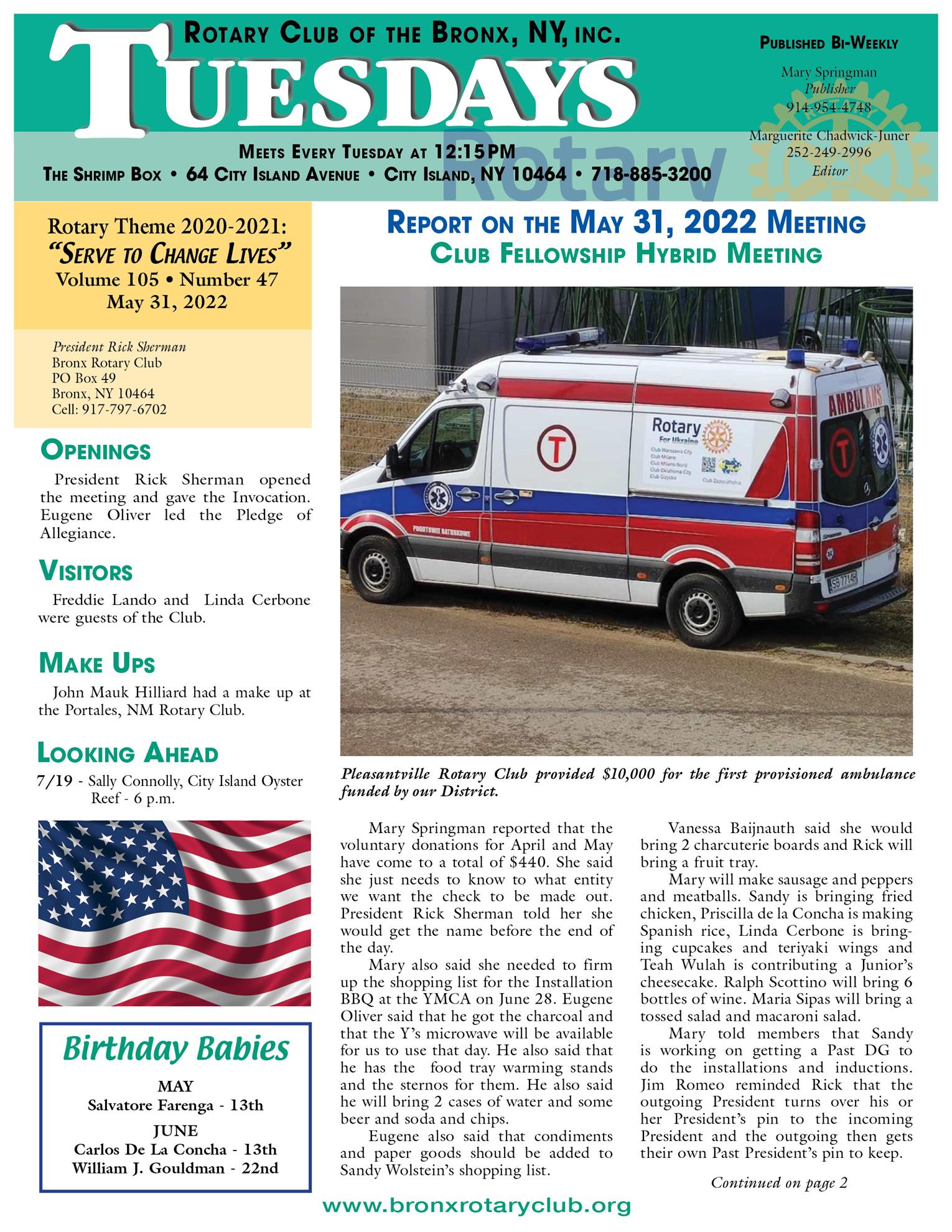Tuesdays newsletter 5/32, 6/7 & 21, 2022 p1