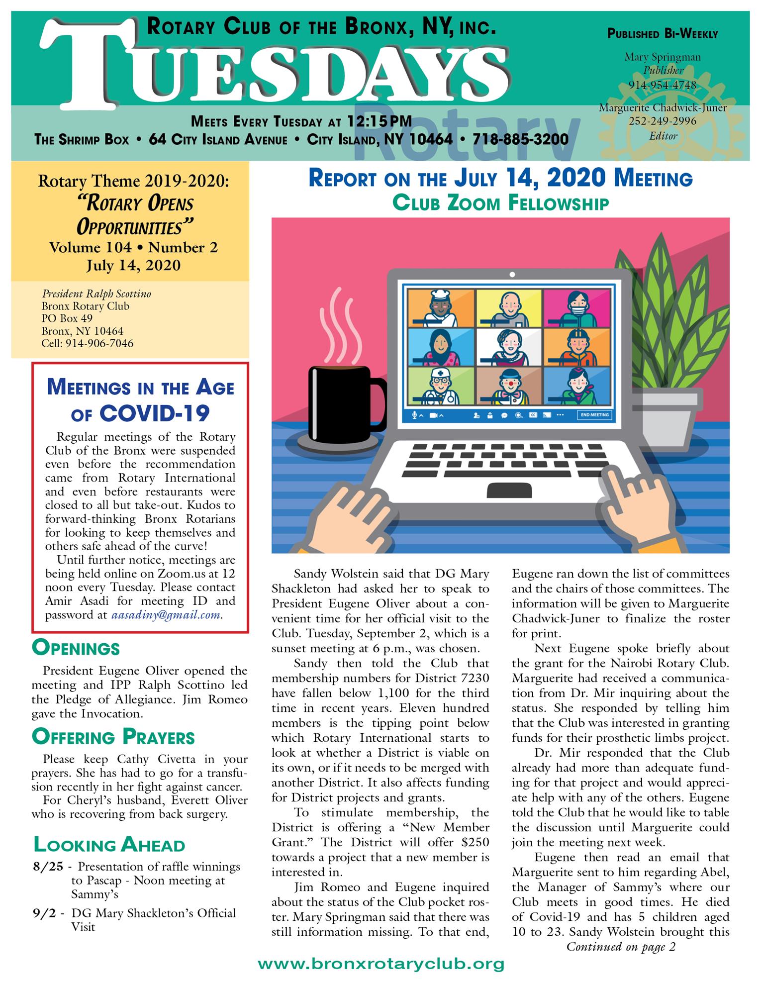Tuesdays newsletter 7/14 & 7/21/2020 p1