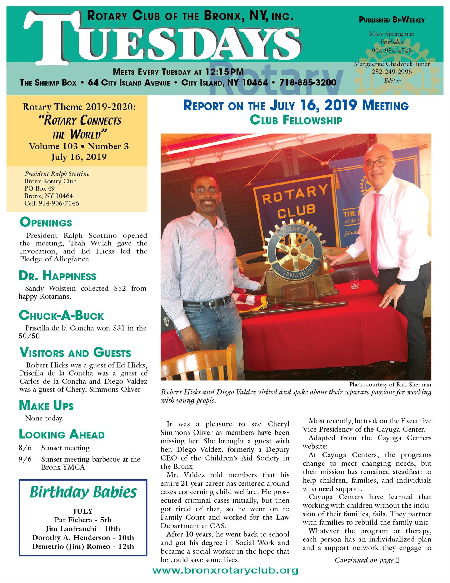 Tuesdays Newsletter 7/16, 23 & 30, 2019 p1