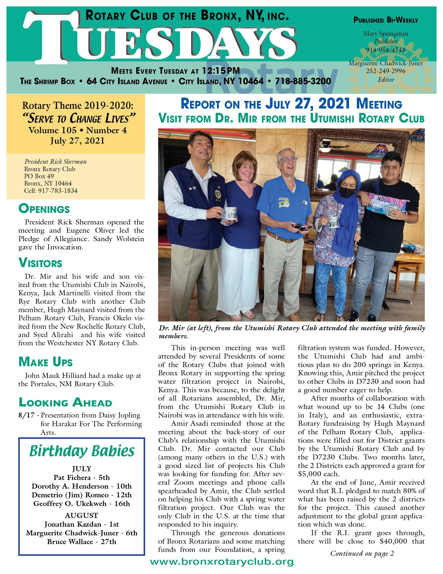 Tuesdays newsletter 7/27, 8/4 & 8/10/2021 p1