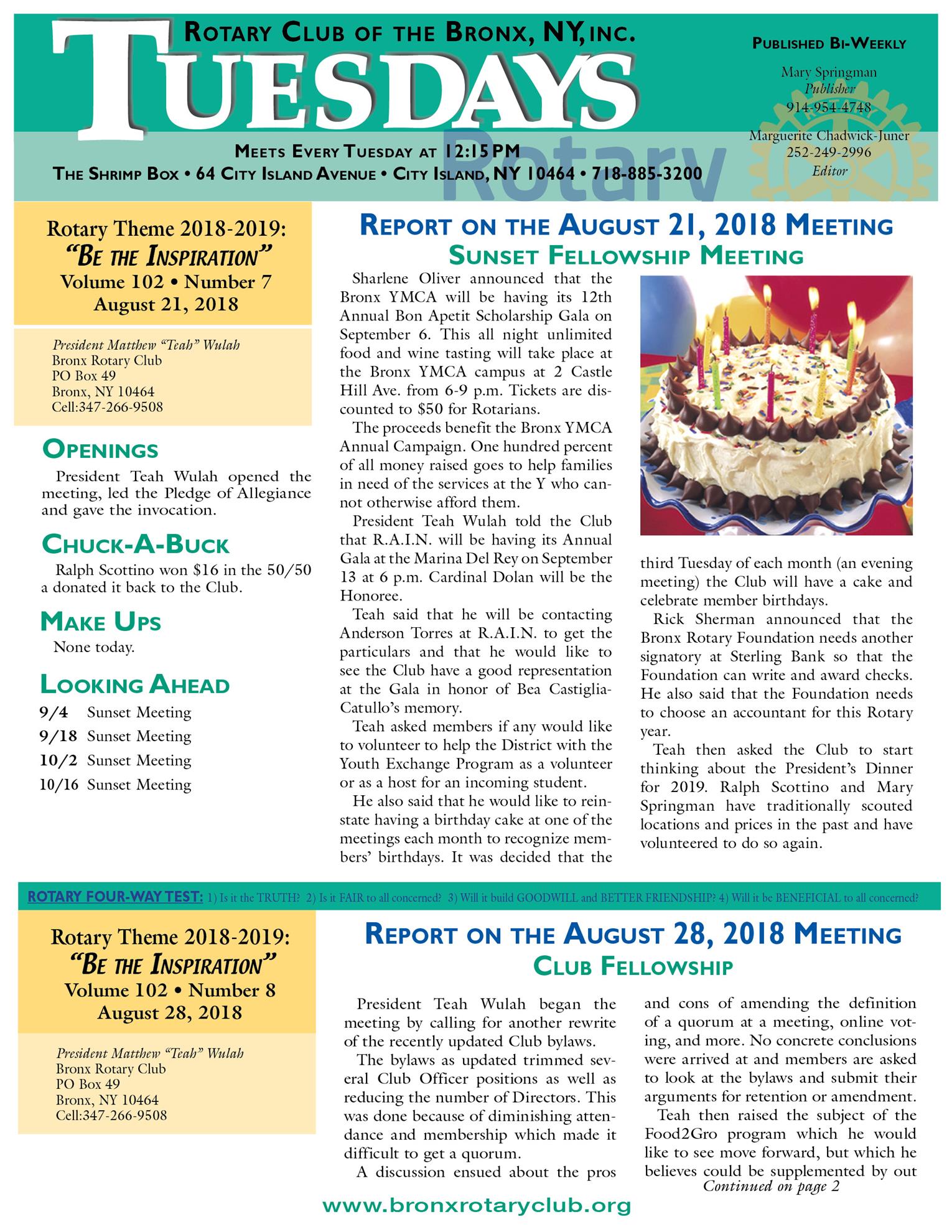 Tuesdays newsletter 8/21 & 28 & 9/4/2018 p1