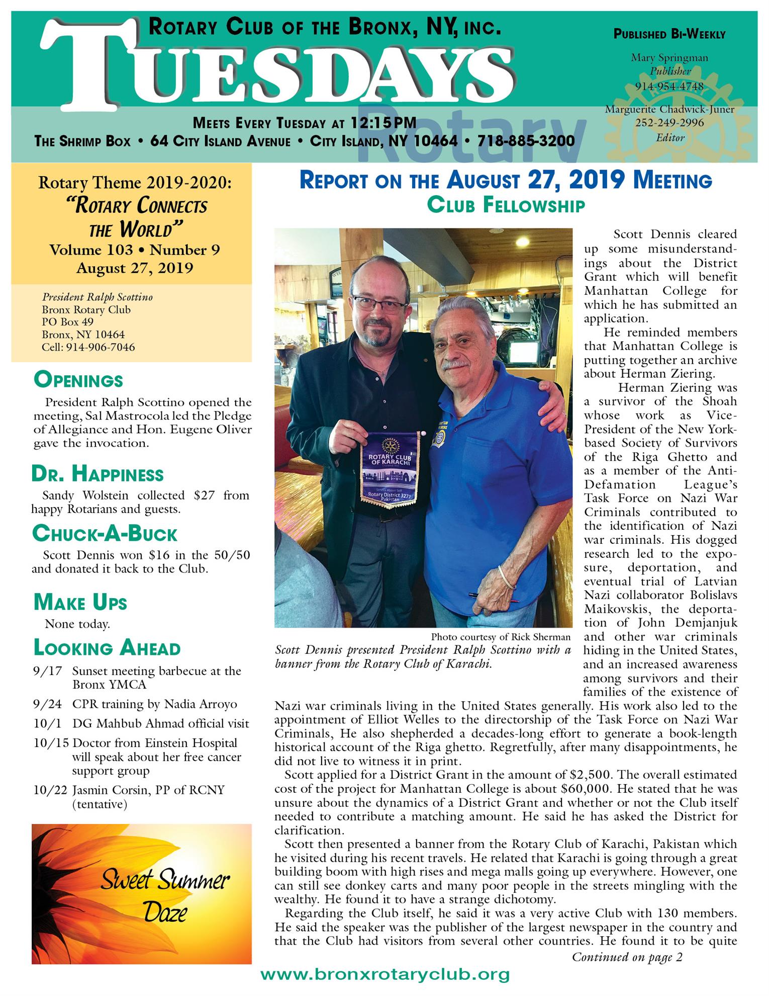 Tuesdays Newsletter 8/27, 9/3 & 9/10/2019 p1
