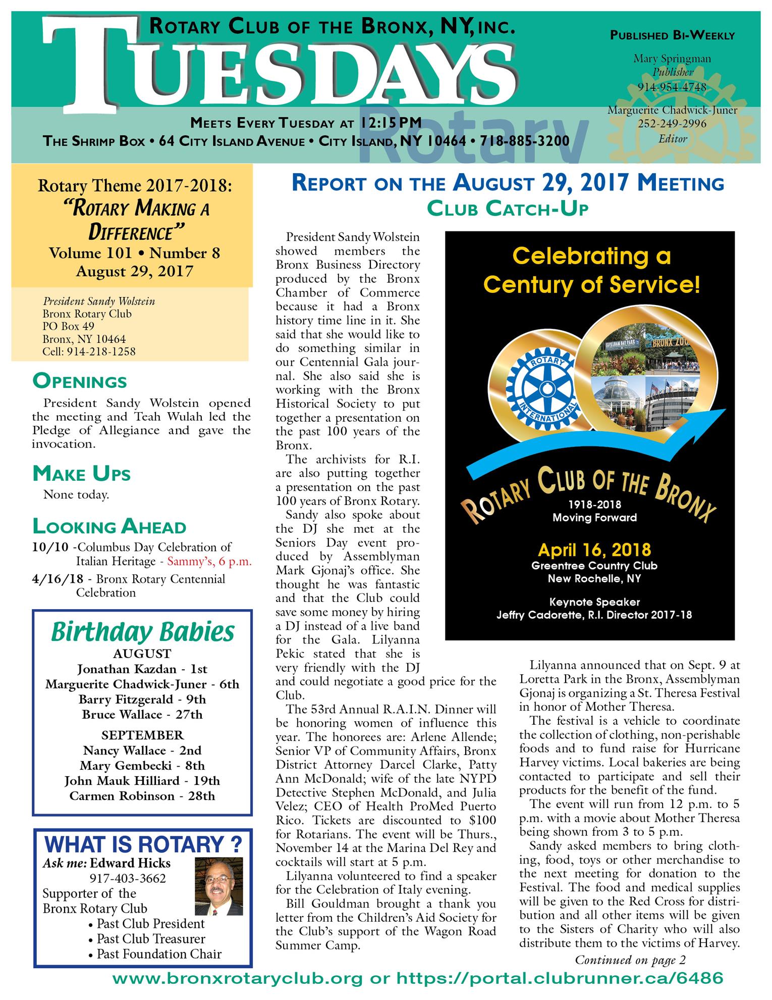Tuesdays newsletter 8/29 - 9/12/2017 page 1