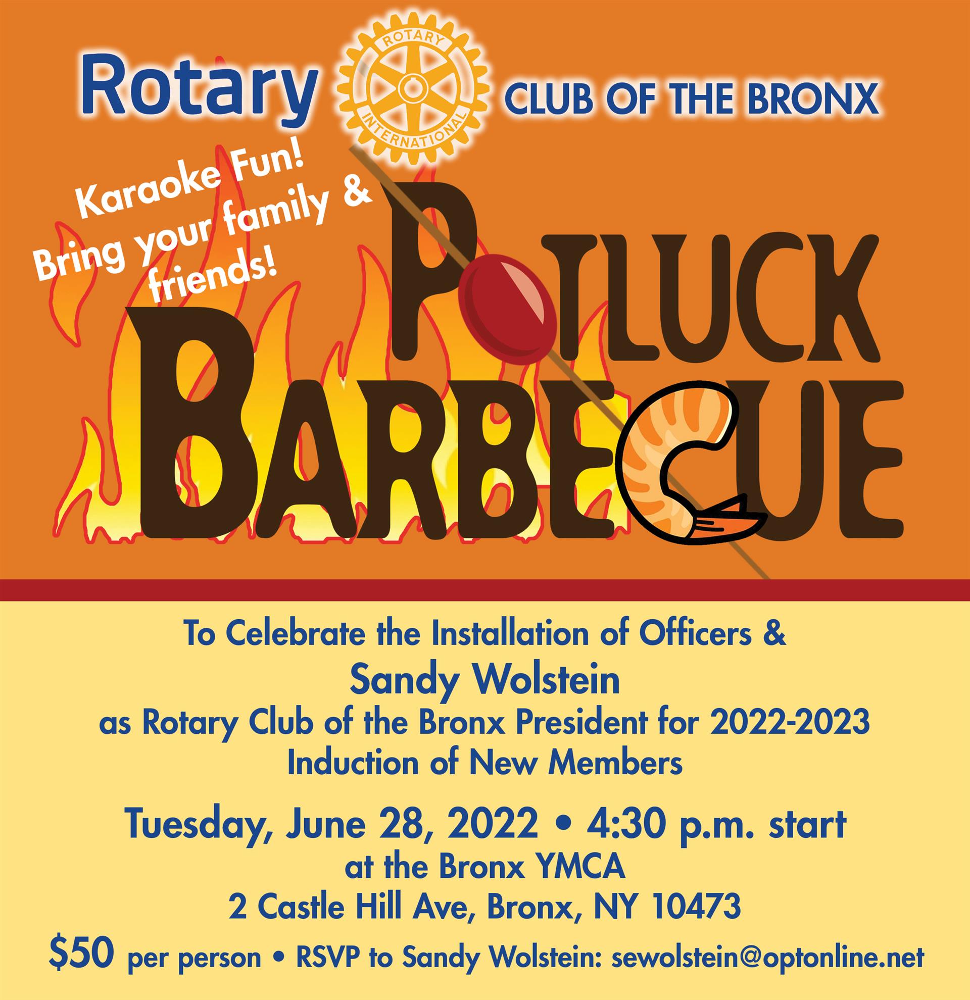 Potluck Barbecue On June 26 tfor Installation of Sandy Wolstein as President opf Bronx Rotary
