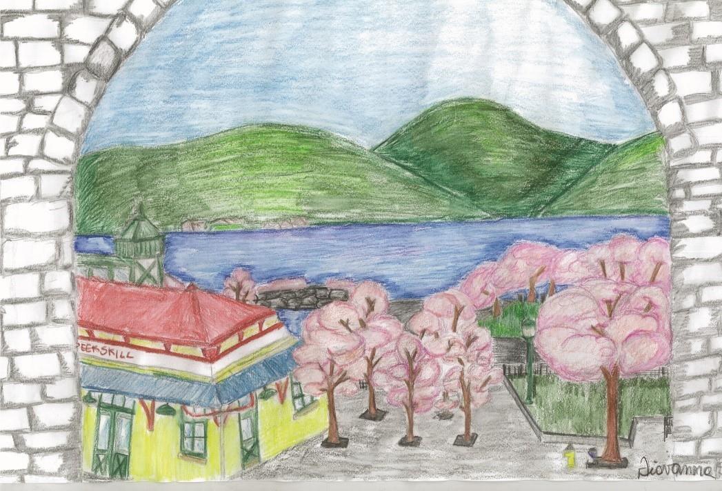 Poster contest winner. Drawing of Peekskill Riverfront Green with cherry trees in bloom.