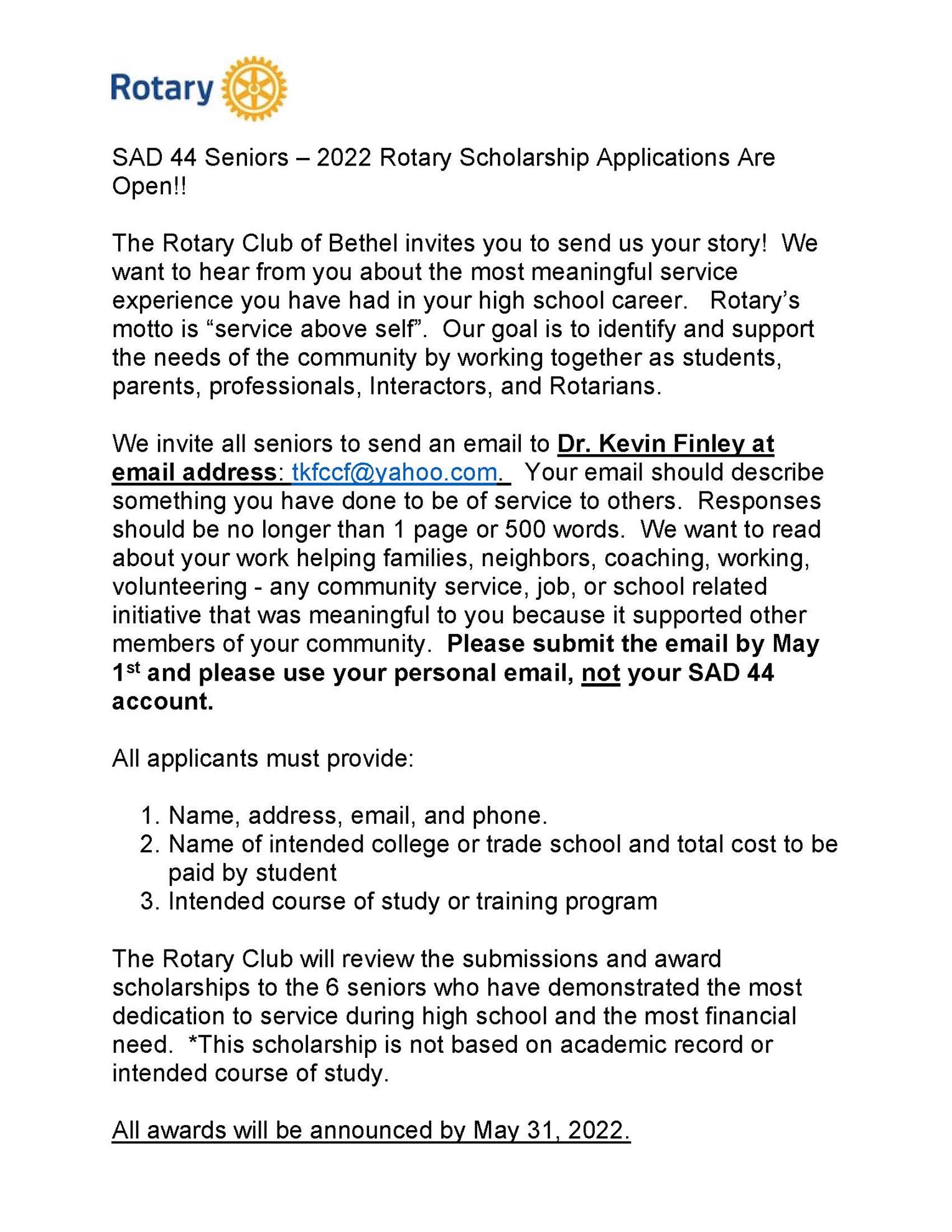 2022 Rotary Scholarship Application Rotary Club of Bethel