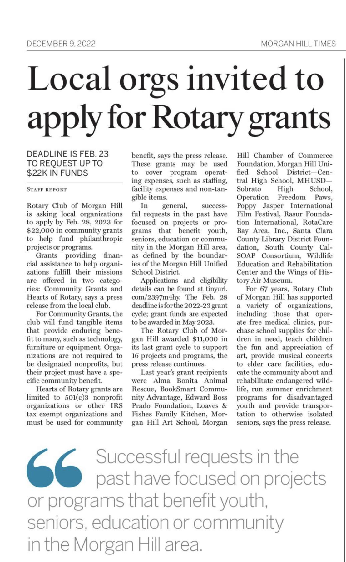 MH Rotary Grants Available To Non-profits | Rotary Club Of Morgan Hill