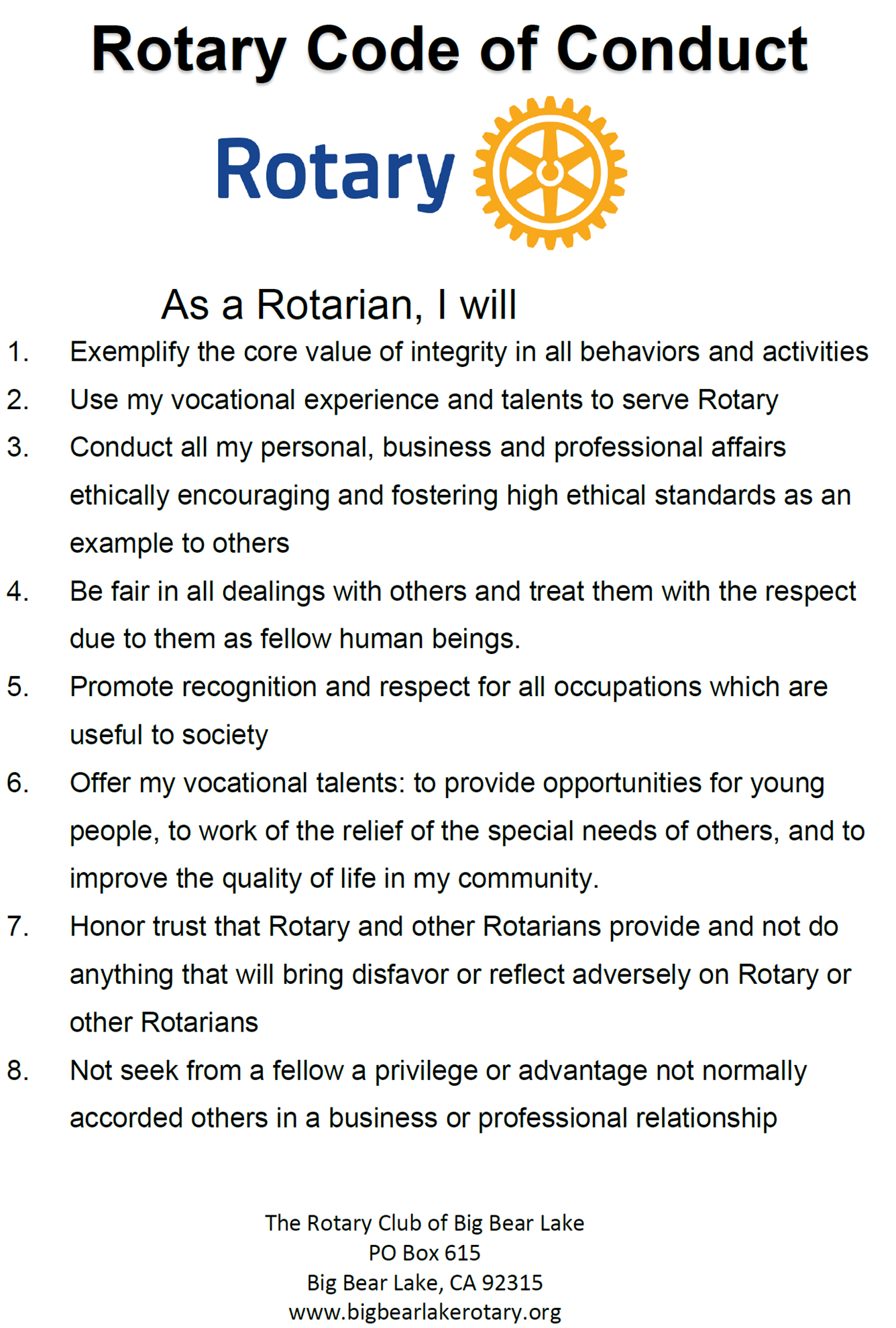 Rotary Code of Conduct Rotary Club of Big Bear Lake