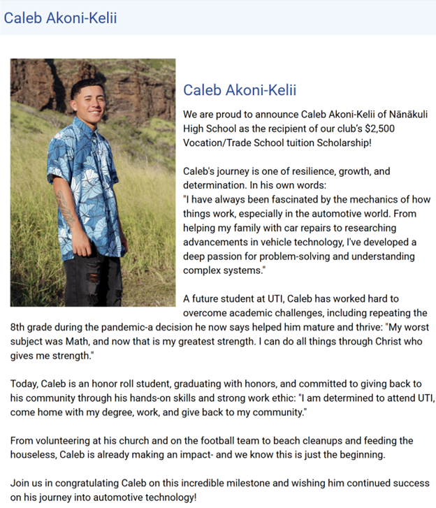 Caleb Akoni-Kelii - Trade/Vocational Awardee for Waianae Coast Rotary Club, 2025