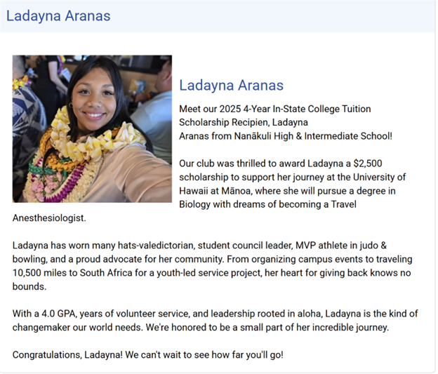 Ladayna Aranas - Four-Year In-State Awardee for Waianae Coast Rotary Club, 2025