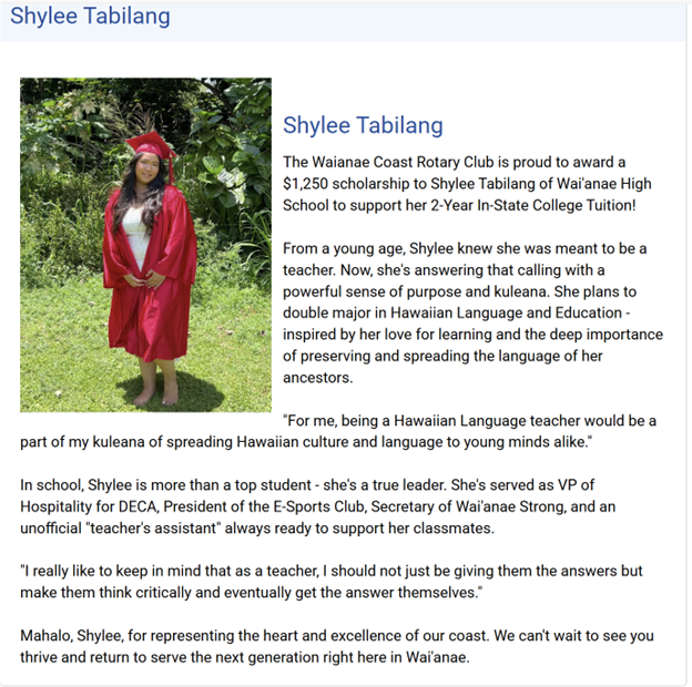 Shylee Tabilang - Two-Year In-State Awardee for Waianae Coast Rotary Club, 2025