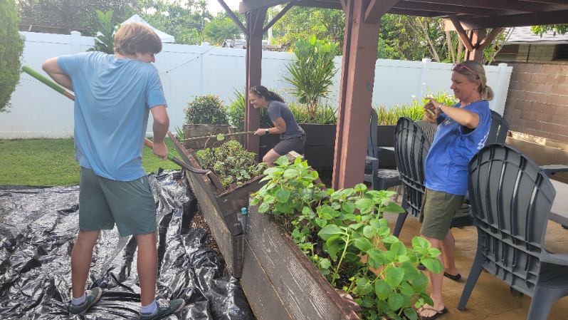 Volunteers planting together in the new planter boxes