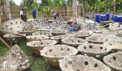 'Marine Domes' hand made by YPDR volunteers and local residents are ready to be deployed to help restore the coral reef off Bantan Island in the Philippines